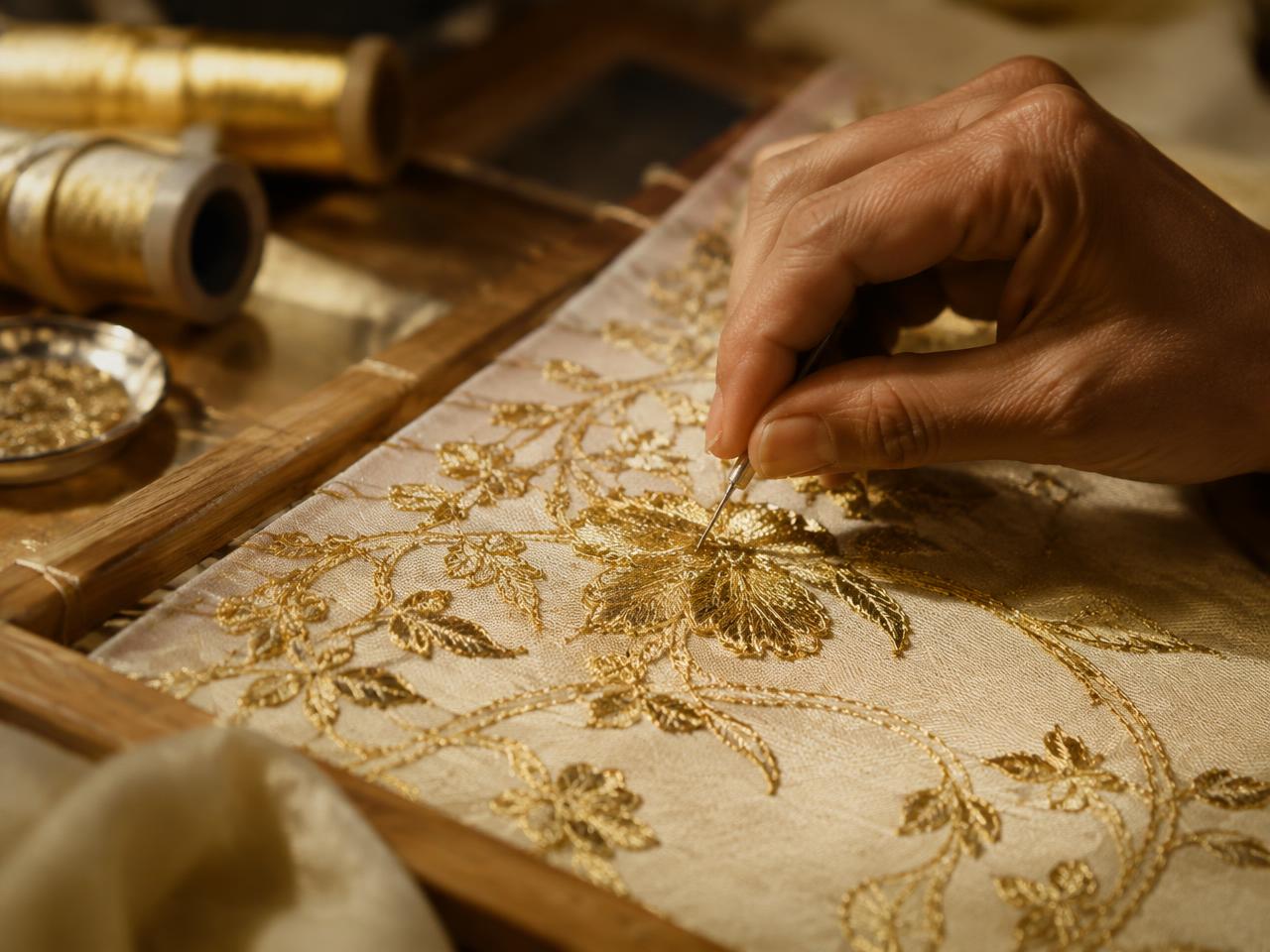 Artisan hand-embroidering gold zari
