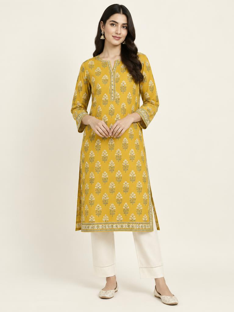 Saffron Buta Printed Kurti — Cotton